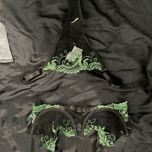 Black and Green Embroidered Lingerie Set